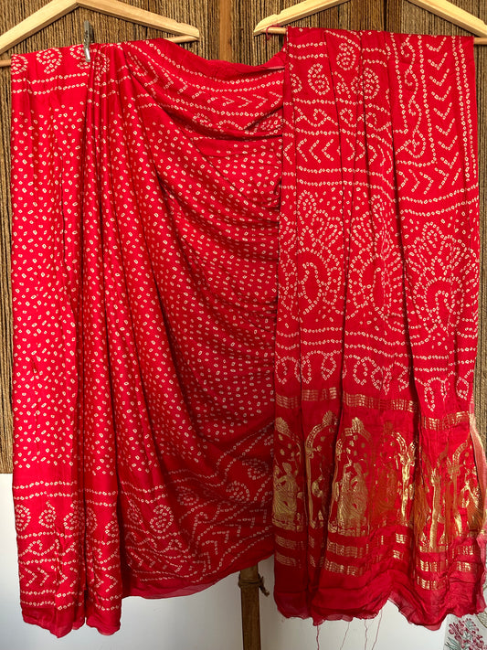 RED PINK BANDHANI  MODAL SILK PATOLA PRINT SARI WITH NAKSHI ZARI BORDER