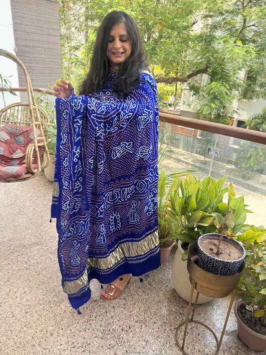 BLUE HANDWOVEN HANDCRAFTED GAJJI SILK CHANDMUKHI DUPATTA