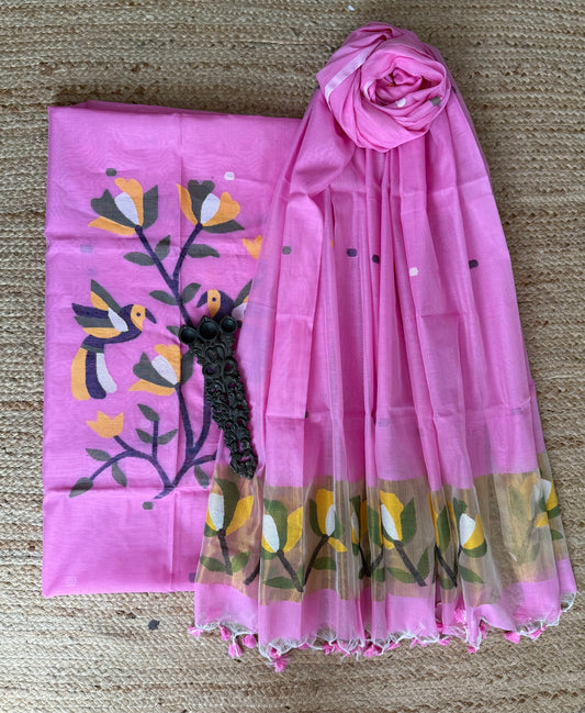 Ballet Slipper Pink handwoven jamdani pure cotton silk kurta set mjk