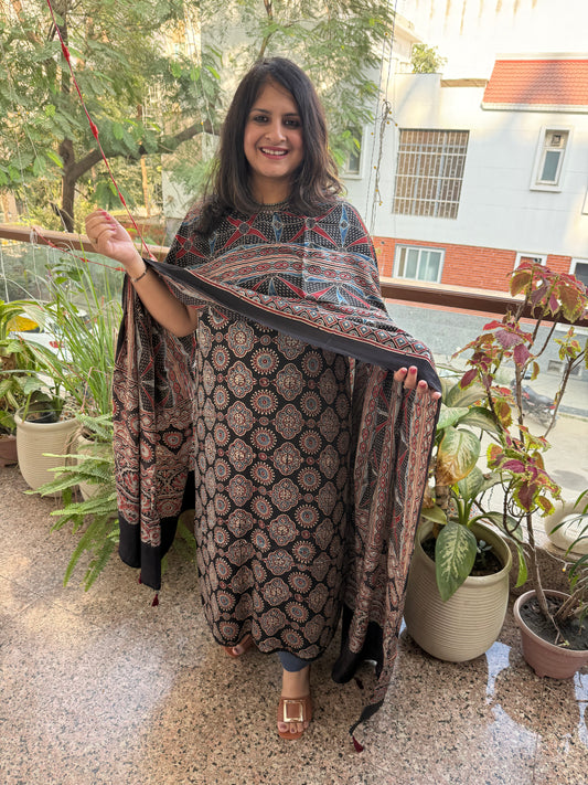 BLACK AJRAKH MODAL SILK HANDBLOCK KURTA SET