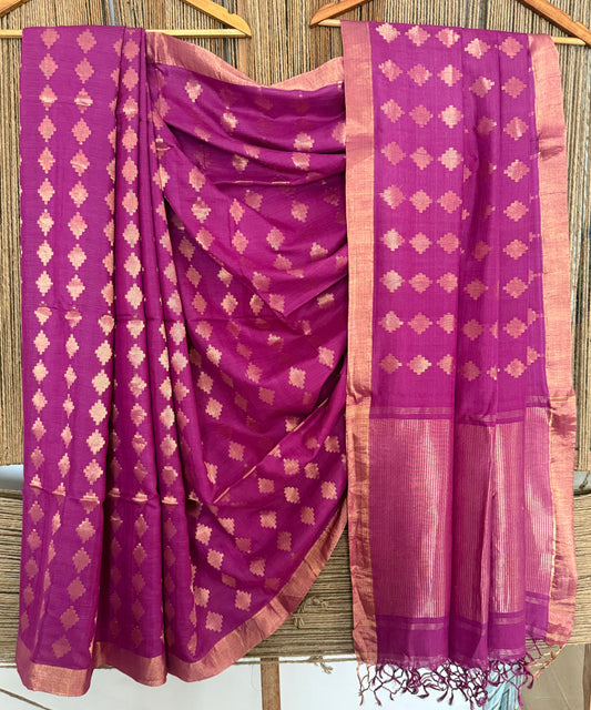 Magenta Purple handloom tussar silk Jamdani woven sari