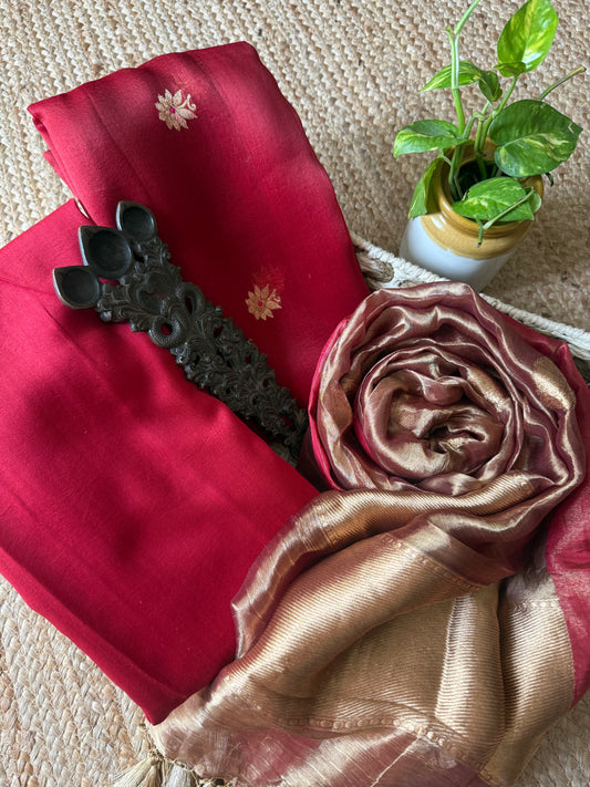 Genesis burgundy kora silk certified handloom banarsi kadwa booti three piece suit