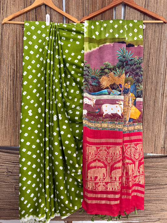 MEHENDI GREEN & RED MODAL SILK BANDHANI  SARI WITH PICHWAI PRINT BPS 44