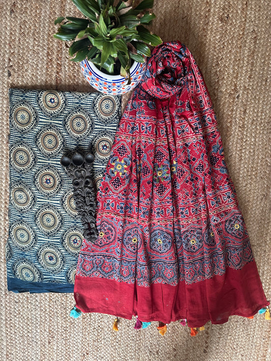 BLUE AJRAKH HANDBLOCK AND HAND EMBROIDERY KURTA WITH  AJRAKH HAND EMBROIDERY DUPATTA