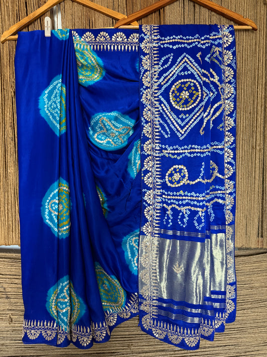 ROYAL BLUE CHAKRA THEME RAI BANDHANI GAJJI SILK SARI WITH HANDEMBROIDERY GOTTA PATTI  BS- 401