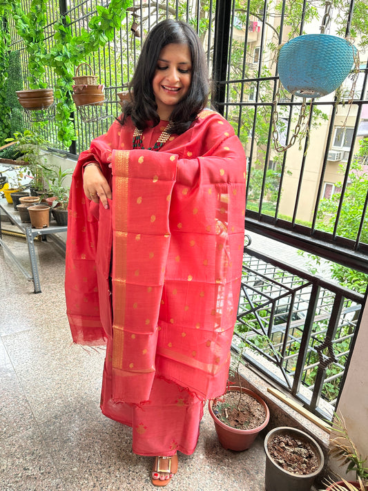 Carrot Pink Chanderi handloom Banarsi Booti three piece suit