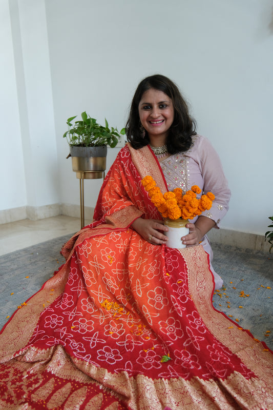 Red Orange Handwoven NeemZari Bareek Bandhani in Khaddi Georgette dupatta