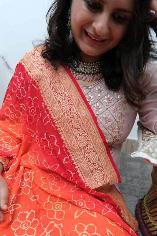 Red Orange Handwoven NeemZari Bareek Bandhani in Khaddi Georgette dupatta