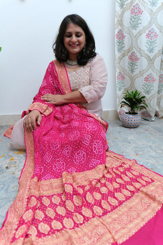 Pink Handwoven NeemZari Bareek Bandhani in Khaddi Georgette dupatta