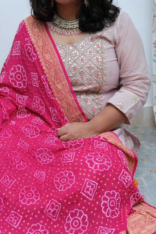 Pink Handwoven NeemZari Bareek Bandhani in Khaddi Georgette dupatta