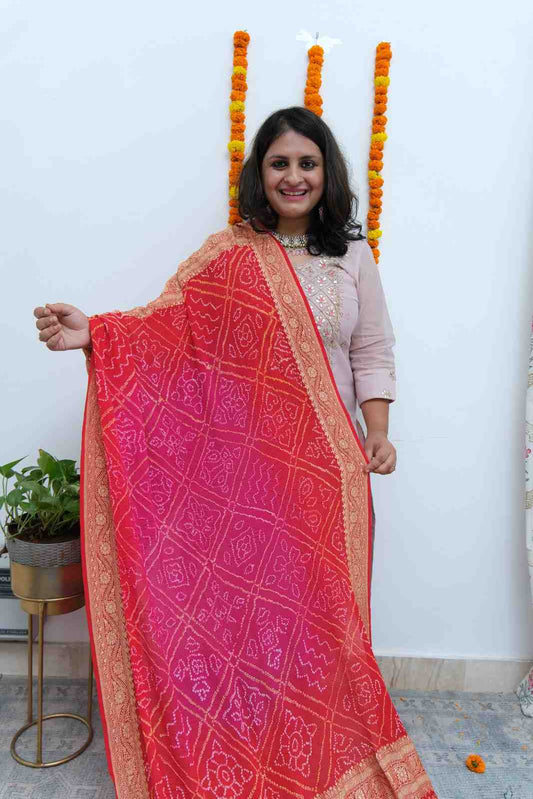 Red Pink Handwoven NeemZari Bareek Bandhani in Khaddi Georgette dupatta (Copy)