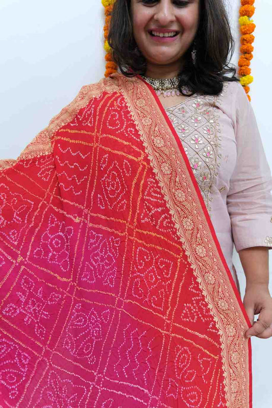 Red Pink Handwoven NeemZari Bareek Bandhani in Khaddi Georgette dupatta (Copy)