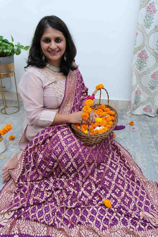 Purple  Handwoven NeemZari Bareek Bandhani in Khaddi Georgette dupatta