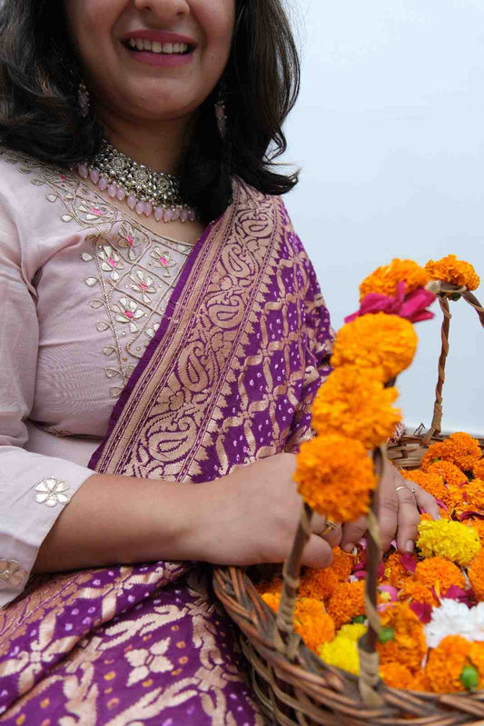 Purple  Handwoven NeemZari Bareek Bandhani in Khaddi Georgette dupatta