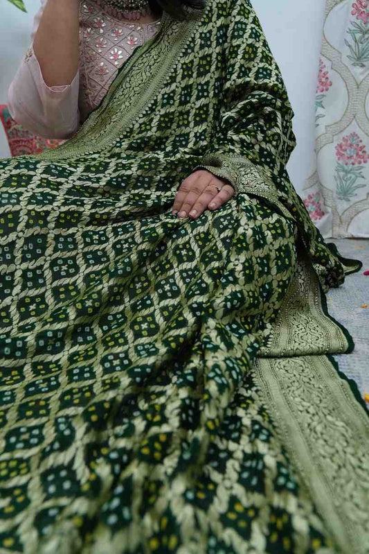 Green  Handwoven NeemZari Bareek Bandhani in Khaddi Georgette dupatta