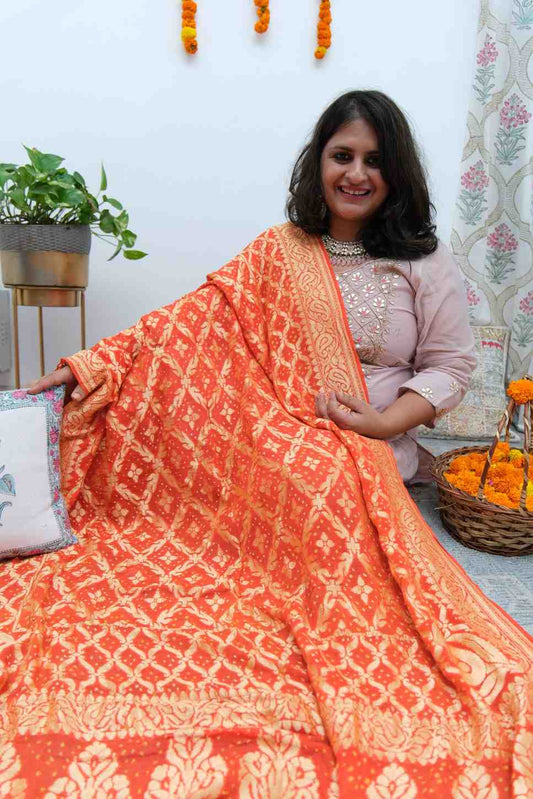 Orange  Handwoven NeemZari Bareek Bandhani in Khaddi Georgette dupatta