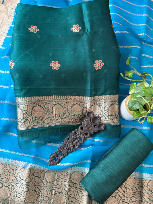 BOTTLE GREEN KORA SILK CERTIFIED HANDLOOM BANARSI KADWA BUTTI WITH WOVEN ZARI THREE PIECE SUIT