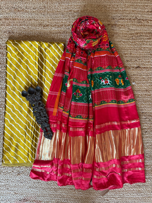 MUSTARD YELLOW LEHERIYA MASHRU SILK KURTA WITH PATOLA HANDCRAFTED MODAL SILK DUPATTA