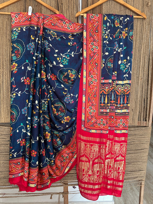 NAVY BLUE PATOLA MODAL SILK KALAMKARI PRINT SARI WITH ZARI BORDER PMS-10151