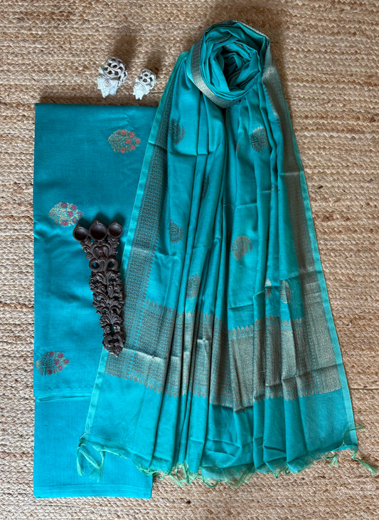Cyan Blue Chanderi handloom  Banarsi Booti three piece suit  CBS-309
