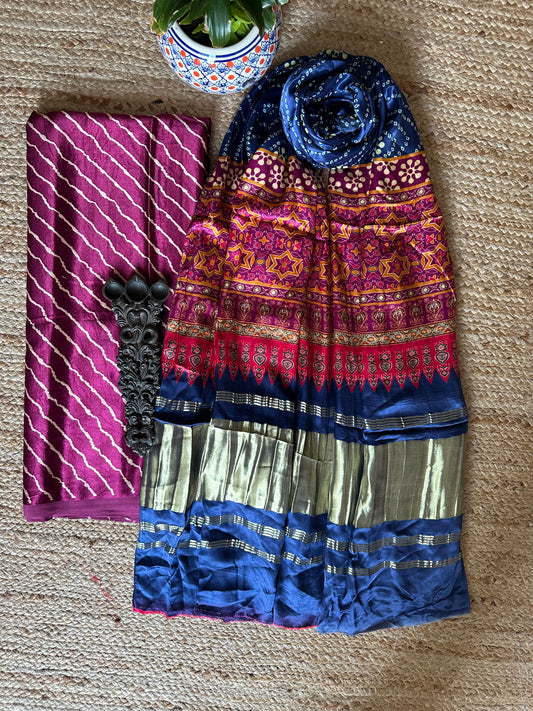 MAGENTA PURPLE LEHERIYA MASHRU SILK KURTA WITH PATOLA HANDCRAFTED MODAL SILK DUPATTA PS-21
