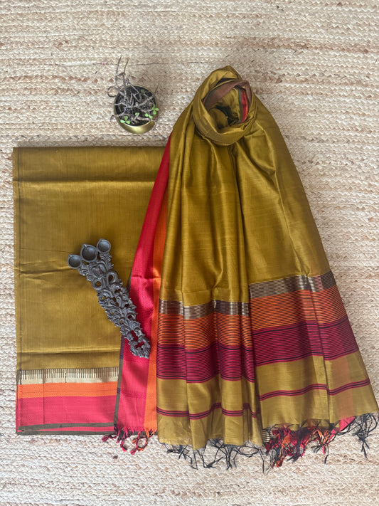 DARK GOLDENROD YELLOW MAHESHARI BORDER SILK HANDLOOM KURTA SET