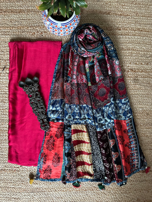 MAGENTA PINK SOLID MODAL SILK KURTA WITH AJRAKH PATCHWORK  HANDCRAFTED MODAL SILK DUPATTA PS-93