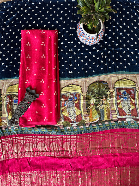 PINK MASHRU KURTA WITH BANDHANI PICHWAI HANDCRAFTED  MODAL SILK DUPATTAS
