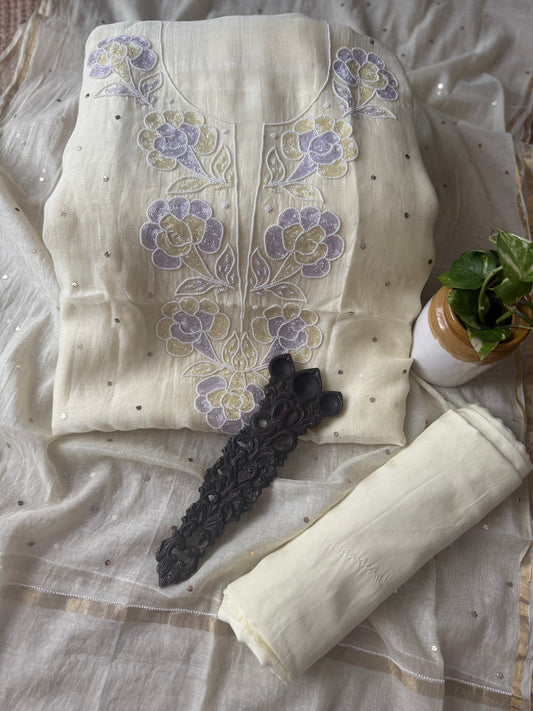 Canary yellow chanderi lucknowi chickenkari with moti  cutdana work hand embroidery three piece suit