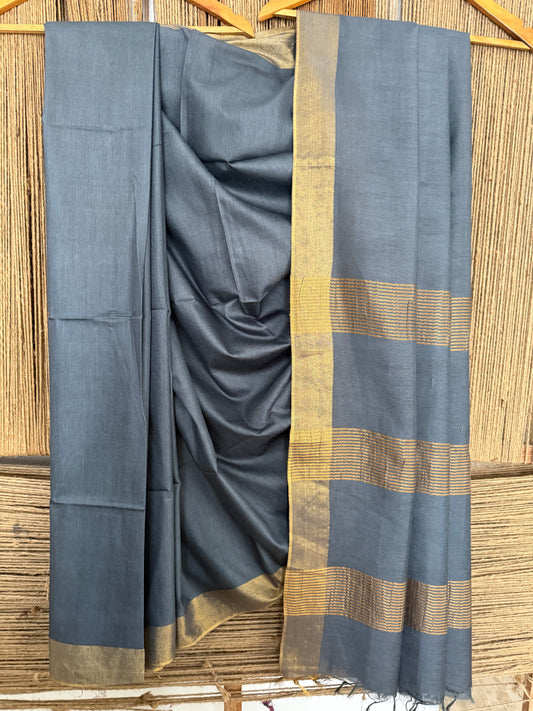 BEAUTIFUL GRAY COLOUR HANDBLOCK PRINTED SARI IN SEMI TUSSAR WITH BLOUSE