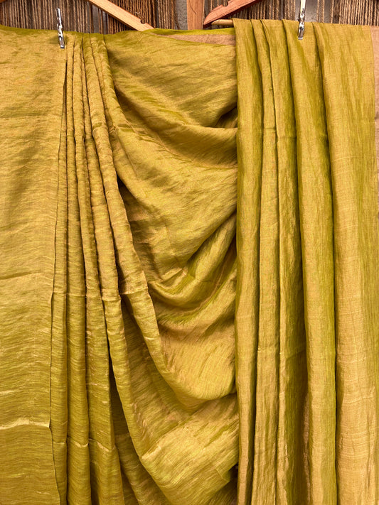 PARROT  GREEN  METALLIC LINEN SARI WITH WOVEN  BORDER