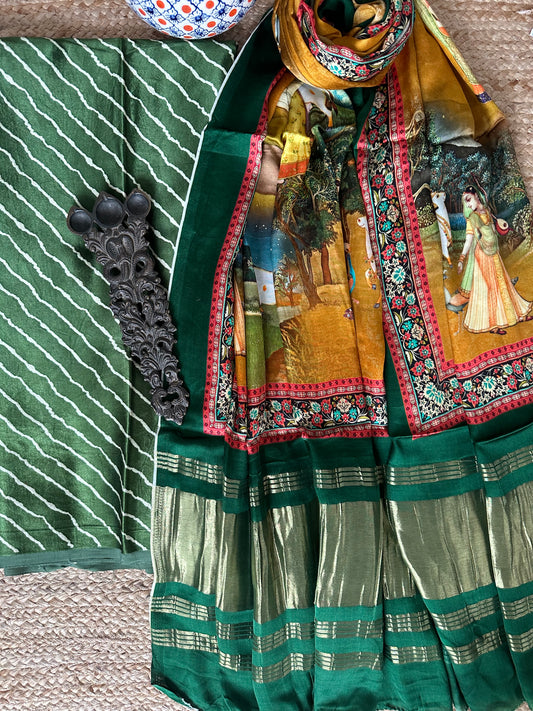 GREEN LEHERIYA MASHRU SILK KURTA WITH PATOLA HANDCRAFTED MODAL SILK DUPATTA PS-1