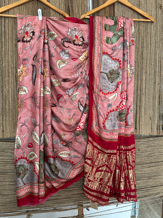 LIGHT PEACH ELEPHANT  PATOLA MODAL SILK PATOLA PRINT SARI WITH ZARI BORDER PMS-10143
