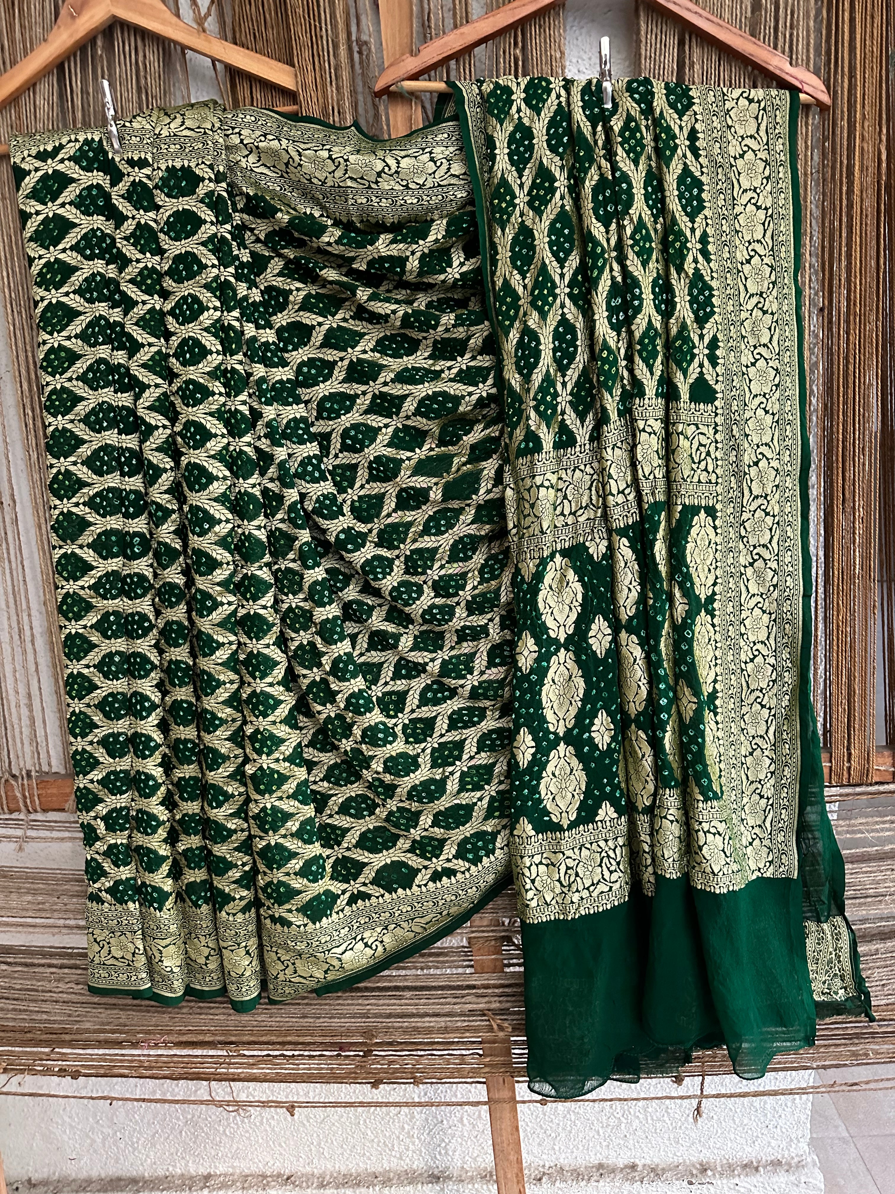 Handwoven Neem Zari Bareek Bandhani Saree with Khaddi Georgette – Weavekala