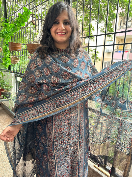 INDIGO AJRAKH CONTEMPORARY CHANDERI SILK HANDBLOCK SUIT SET