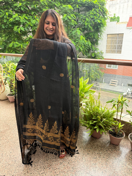 ONYX BLACK LINEN ZARI JAMDANI HANDWOVEN KURTA SET