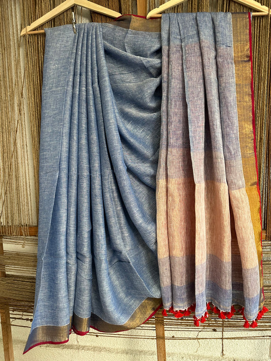 POWDER BLUE  LINEN SARI WITH WOVEN  BORDER