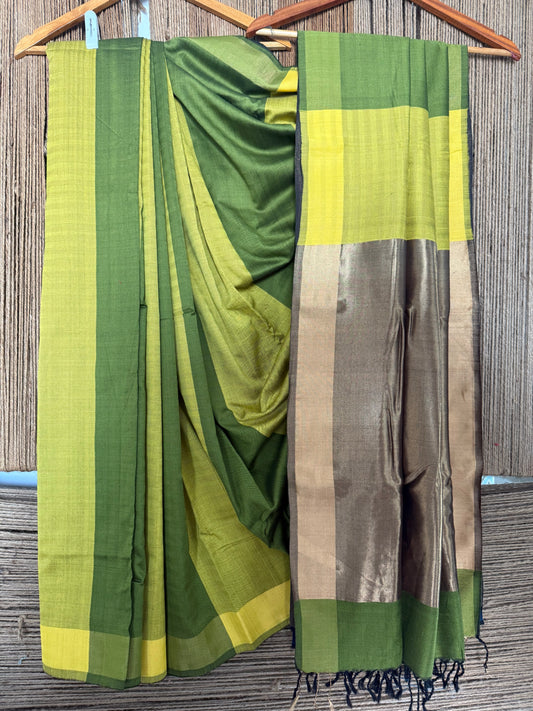 GREEN MAHESHWARI SILK HANDLOOM SARI WITH TISSUE PALLU