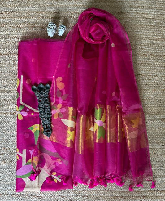 BRIGHT PINK HANDWOVEN JAMDANI PURE MUSLIN SILK KURTA SET MJK-100