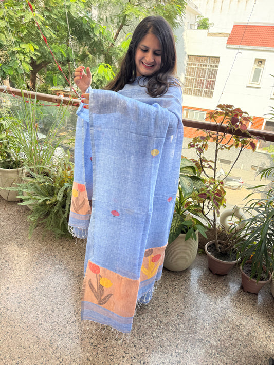 SAPPHIRE BLUE WOVEN LINEN JAMDANI KURTA SET LJS- 201