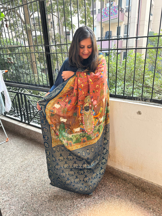 BROWN BLUE DOLA SILK PICHWAI PRINT ZARI BORDER SARI