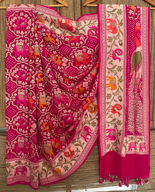 Fuchsia pink Handwoven Rai  Bareek Bandhani Saree Meenakari Jaal with Khaddi Georgette