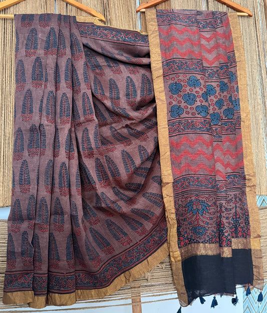 MAROON  NATURAL DYE HANDCRAFTED HANDBLOCK AJRAKH LINEN SILK SARI