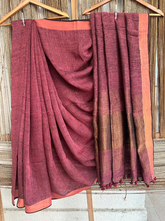 BROWN PINK LINEN COTTON SARI WITH WOVEN BORDER & RED TASELS AND PALLA
