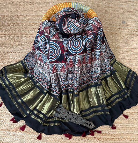 Black ajrakh silk zari woven dupatta