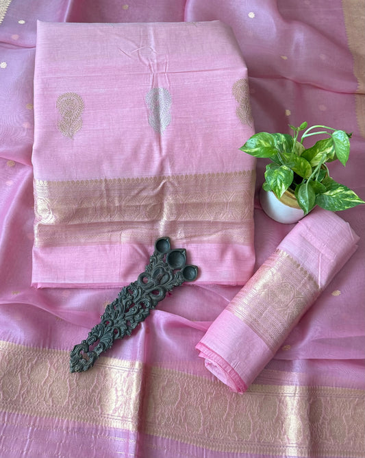 Rose petal pink mull cotton certified handloom banarsi kadwa booti three piece suit