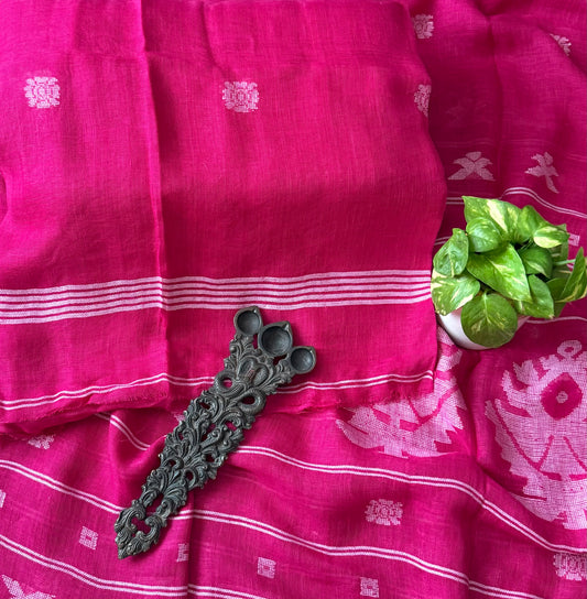 MAGENTA PINK PURE JAYSHREE  LINEN JAMDANI HANDWOVEN KURTA SET