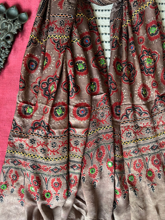 MAROON  MASHRU SILK KURTA WITH AJRAKH EMBROIDERY HANDCRAFTED MODAL SILK DUPATTA