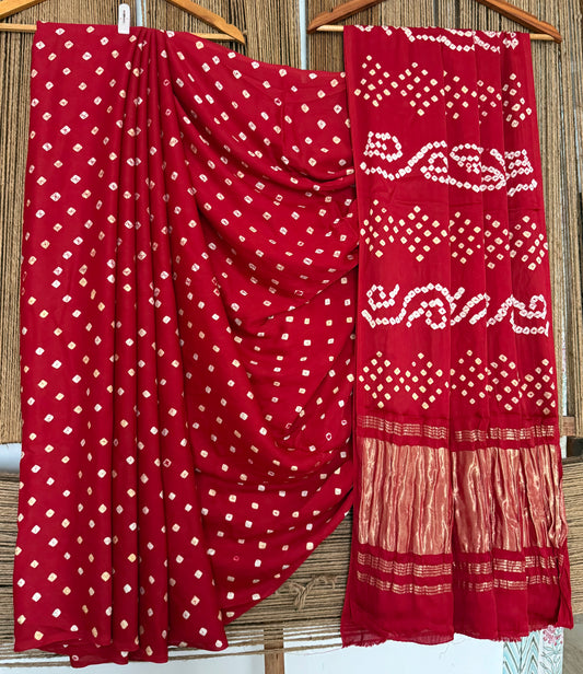 Cherry Red modal  silk dot bandhani sari