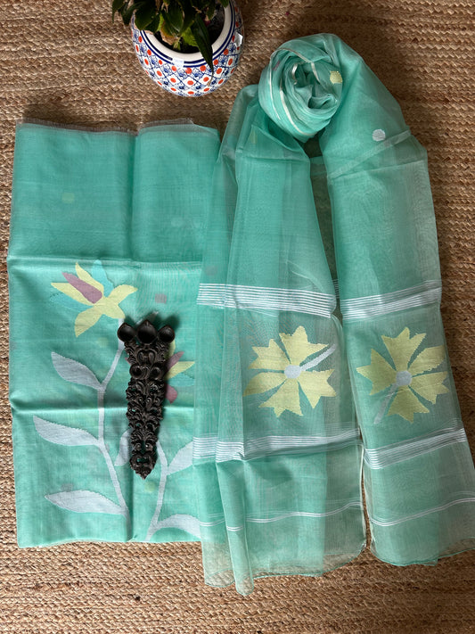 AQUAMARINE BLUE HANDWOVEN JAMDANI PURE MUSLIN SILK KURTA SET MJK-65